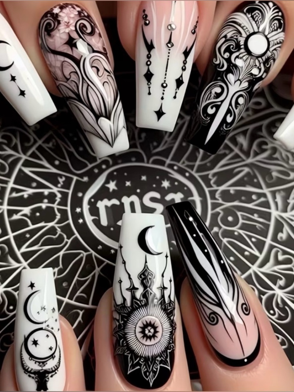 🌼 24 Pcs Black & White Celestial Moon Long Press on Nail Set Coffin Fake Nails